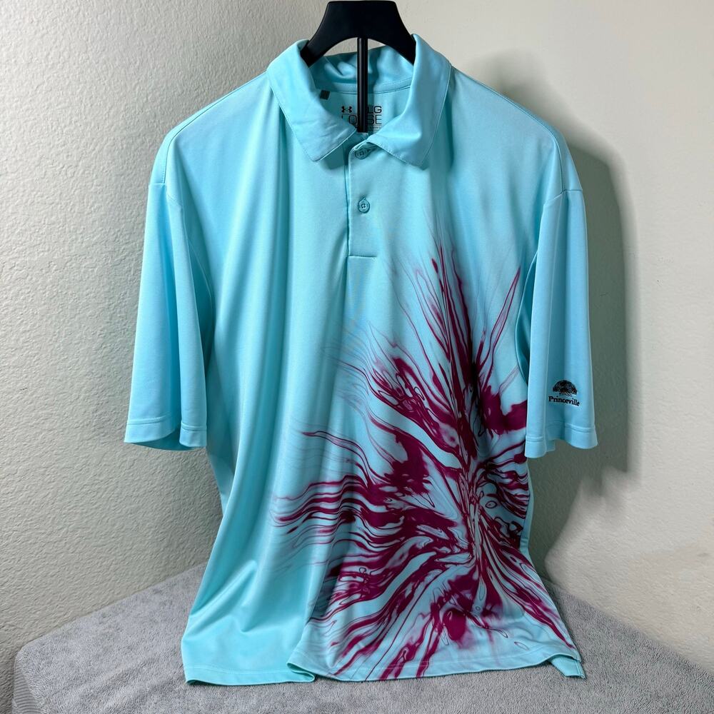 Under Armour Princeville Golf Polo Mens L Aqua HeatGear Loose Palm Tree Graphic